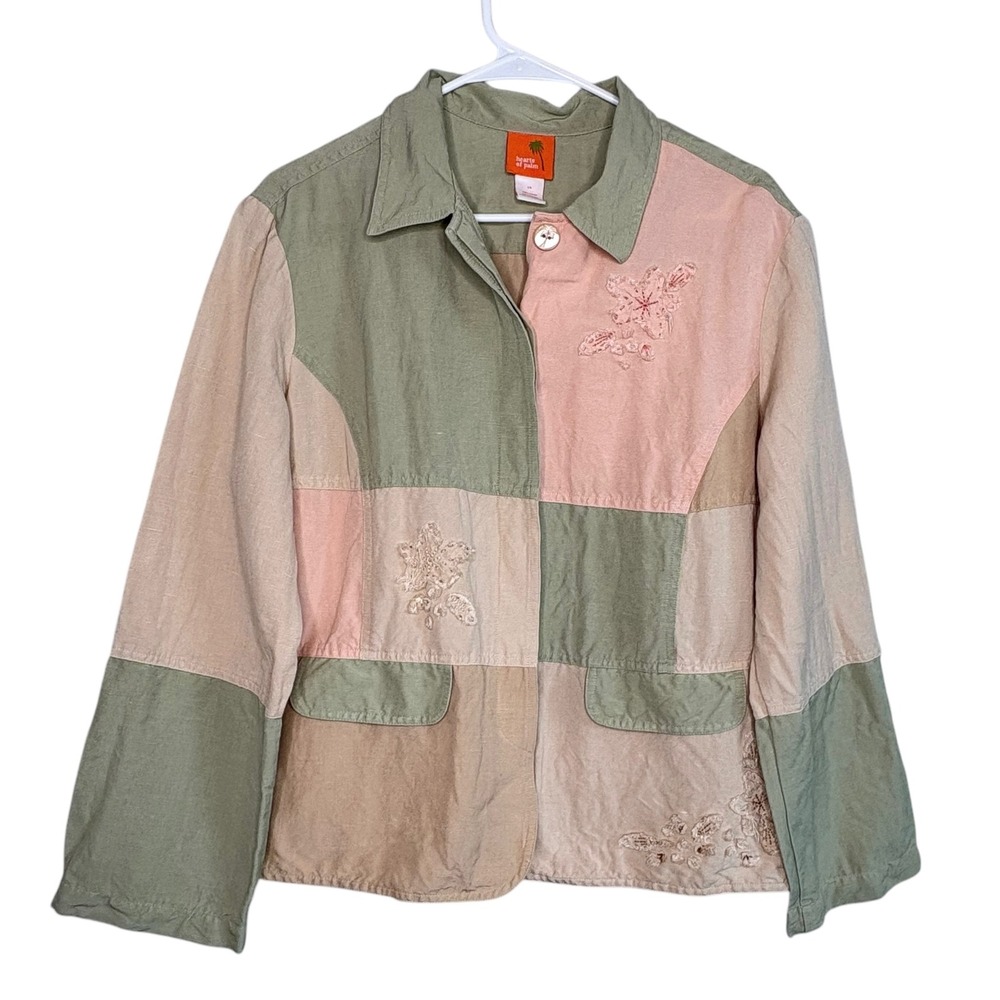 Hearts of‎ Palm Patchwork Embroidered Blouse Jacket Linen/Rayon Size 14 *Spots*
